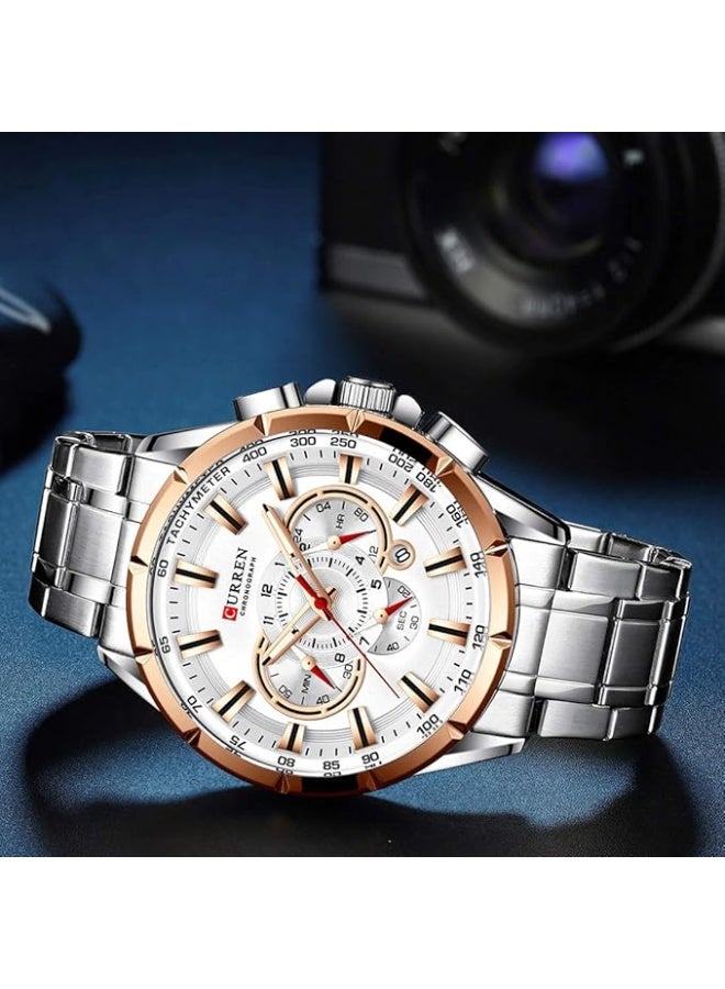 CURREN Quartz Chronograph Analogue silver Men Wrist Watch CR-8363-Silver White - Image 5