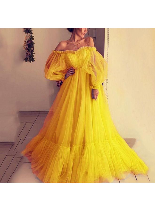 New European And American Women's Off-shoulder Mesh Long Sleeve Wedding Dress Large Swing Dress