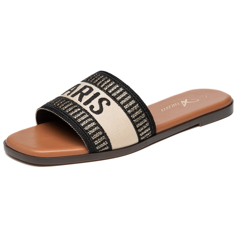 Athlefit Women's Slides Summer Fashion Slip On Flat Sandals Dressy Black Multi Size 7.5 - Image 1