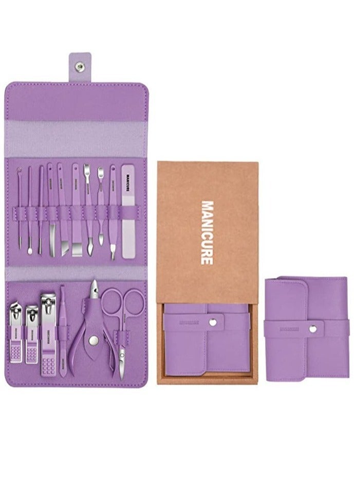 AROAQ Nail Clippers Portable Set Stainless Steel Nail Clippers Set with Folding Bag Manicure Set Professional Nail Clippers Kit Pedicure Care Tools Nail Cutter Set Makeup Beauty Tool (Purple,16PCS)