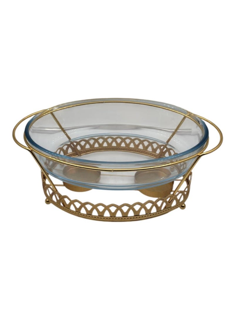 طبق تدفئة زجاجي بيضاوي باللون الذهبي مع إطار من الفولاذ المقاوم للصدأ - Image 1