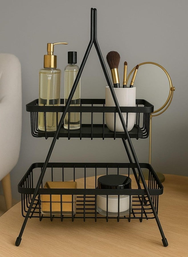 GLOCY 2-Tier Metal Storage Basket, Black Wire Organizer Stand with Geometric Design, Modern Kitchen Counter Rack for Fruits, Spices, Cosmetics - Image 1