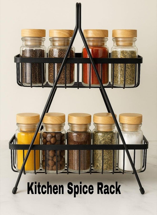 GLOCY 2-Tier Metal Storage Basket, Black Wire Organizer Stand with Geometric Design, Modern Kitchen Counter Rack for Fruits, Spices, Cosmetics - Image 3