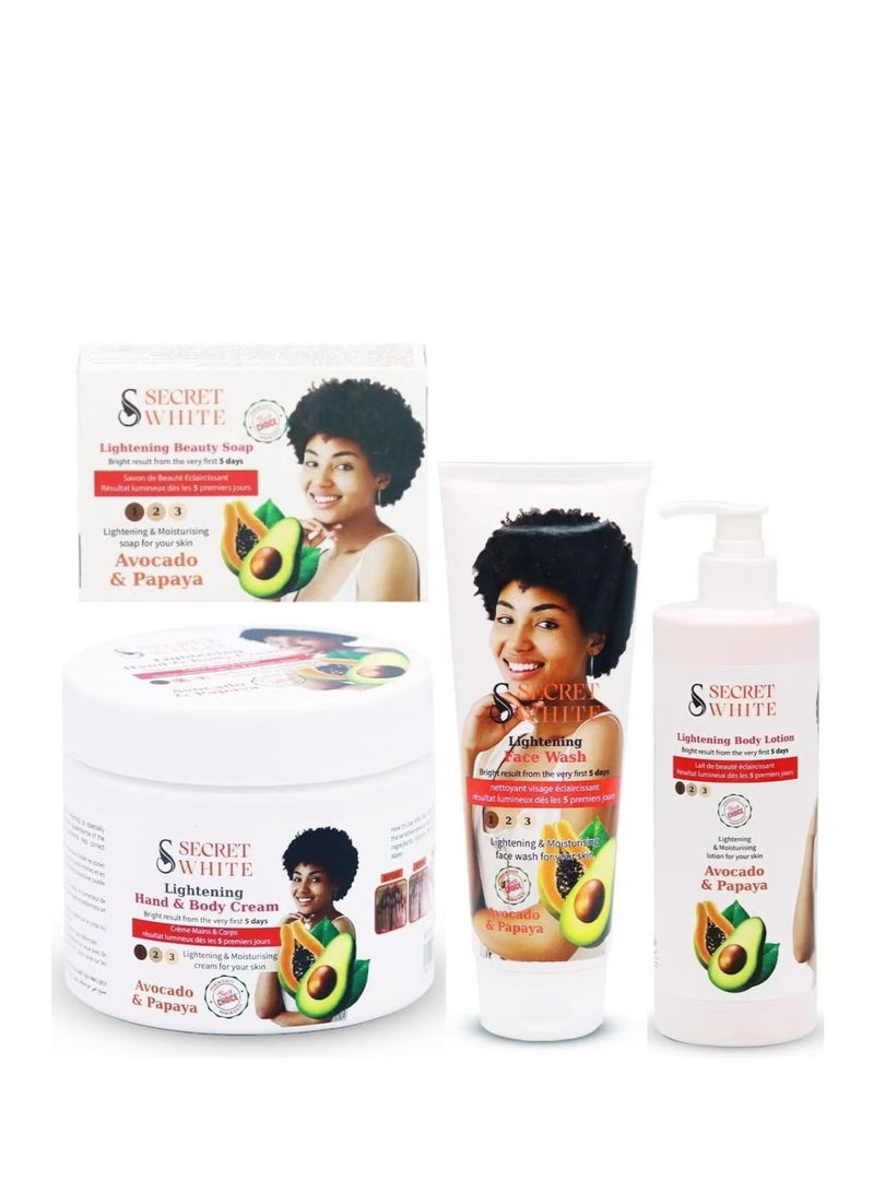 Secret White Lightening Hand & Body Cream, Face Wash, Body Lotion and Soap With Avocado & Papaya - Image 1