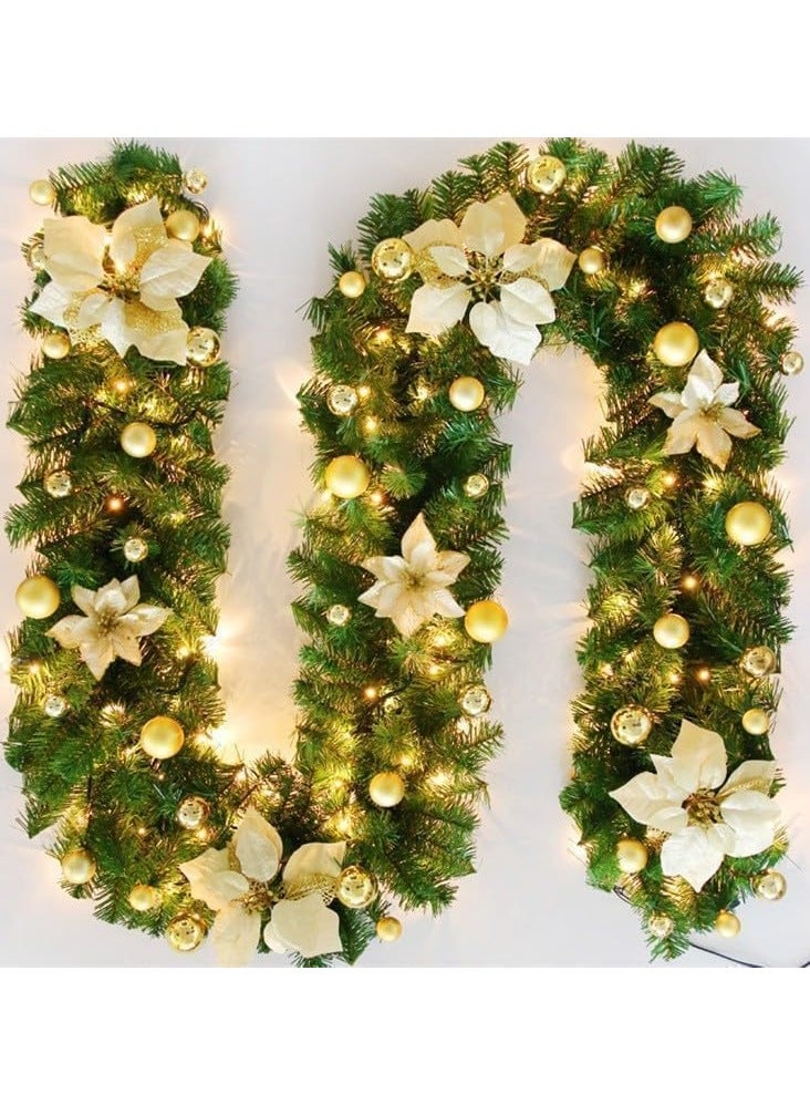 Christmas Garland Decoration 8.8 ft Christmas Rattan Christmas Artificial Flower Vine Plants Green Rattan with Gold Flower Decorations and Battery Operated LED Lights - Image 1