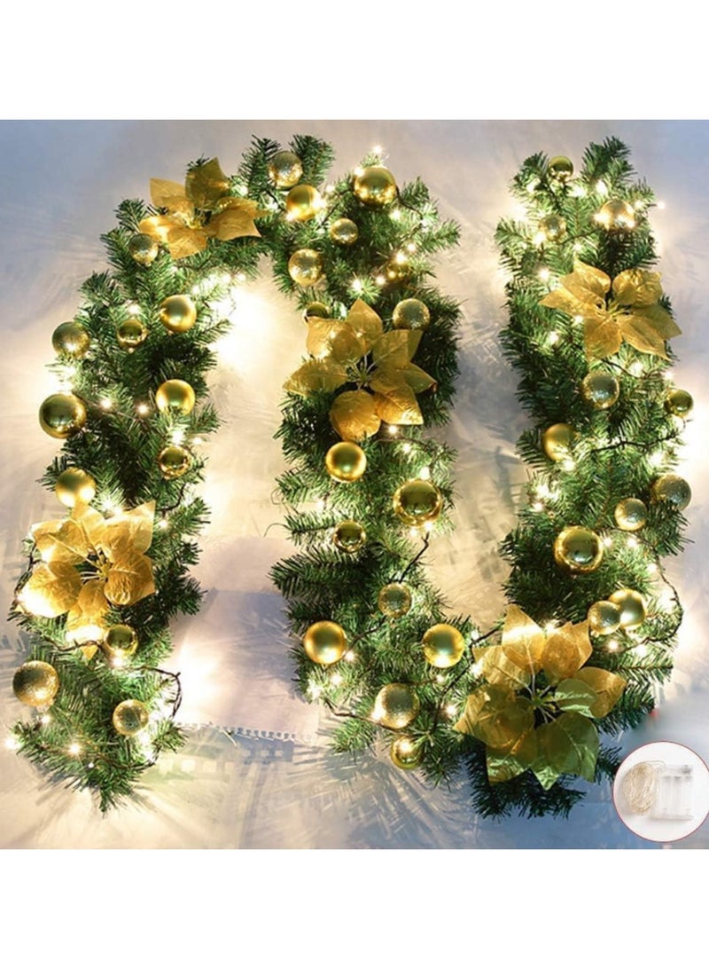 Christmas Garland Decoration 8.8 ft Christmas Rattan Christmas Artificial Flower Vine Plants Green Rattan with Gold Flower Decorations and Battery Operated LED Lights - Image 4