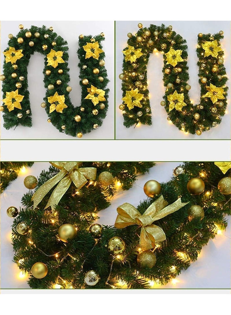 Christmas Garland Decoration 8.8 ft Christmas Rattan Christmas Artificial Flower Vine Plants Green Rattan with Gold Flower Decorations and Battery Operated LED Lights - Image 5