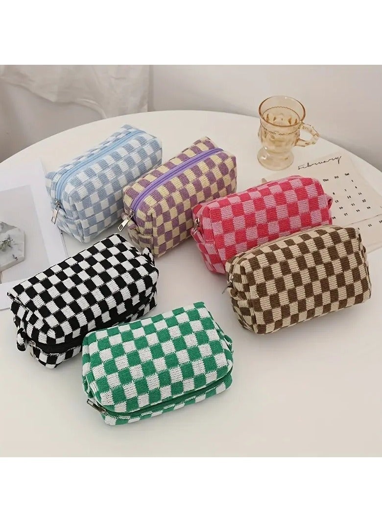 ORiTi Checkered Kinitted Cosmetic Bag Makeup Pouch Roomy Zipper Pouch Portable Travel Toiletry Bag Organizer - Brown - Image 4