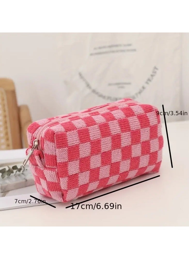 ORiTi - Checkered Kinitted Cosmetic Bag Makeup Pouch Roomy Zipper Pouch Portable Travel Toiletry Bag Organizer - Brown - Image 1