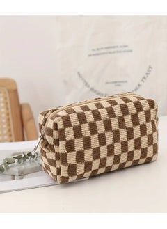 Checkered Kinitted Cosmetic Bag Makeup Pouch Roomy Zipper Pouch Portable Travel Toiletry Bag Organizer - Brown