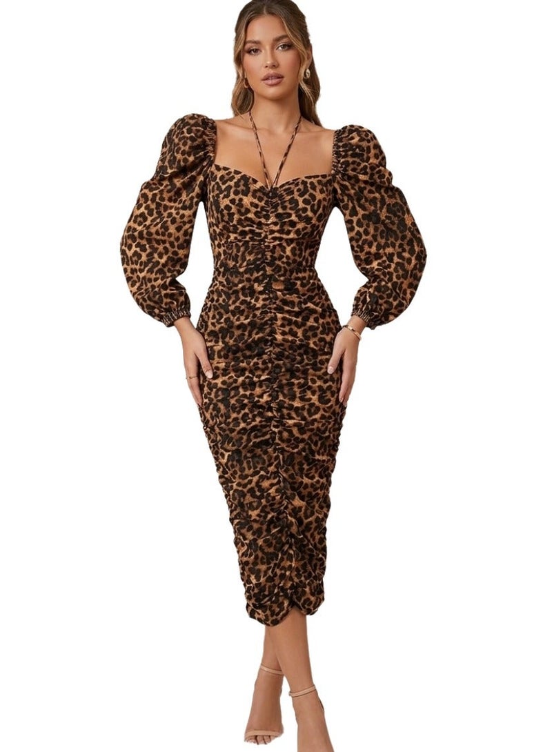 Leopard Print Ruched Midi Dress with Puff Sleeves - Elegant & Bodycon Style- fits up to 65 KG - Image 1