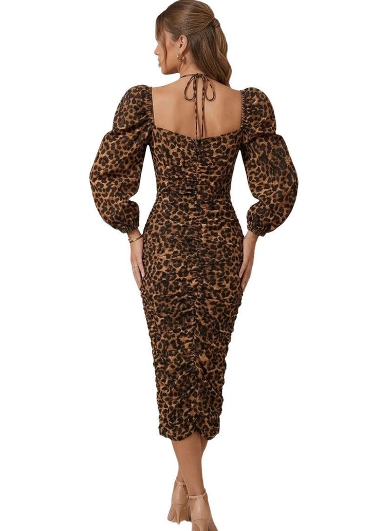 Leopard Print Ruched Midi Dress with Puff Sleeves - Elegant & Bodycon Style- fits up to 65 KG - Image 4