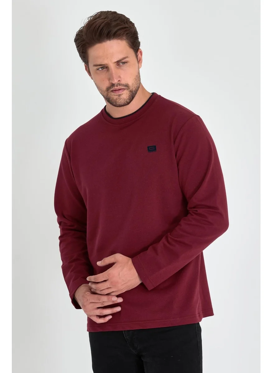 mmetalic Men's Burgundy Double Crew Neck Print Detailed Standard Comfortable Cut Sweatshirt