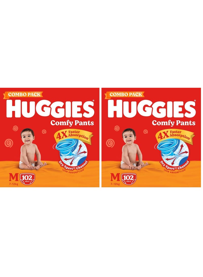 Huggies Comfy Pants Baby Diaper, Medium (M) Size (7-12 Kgs), Pack of 204 (102 count, Pack of 2) - Image 1