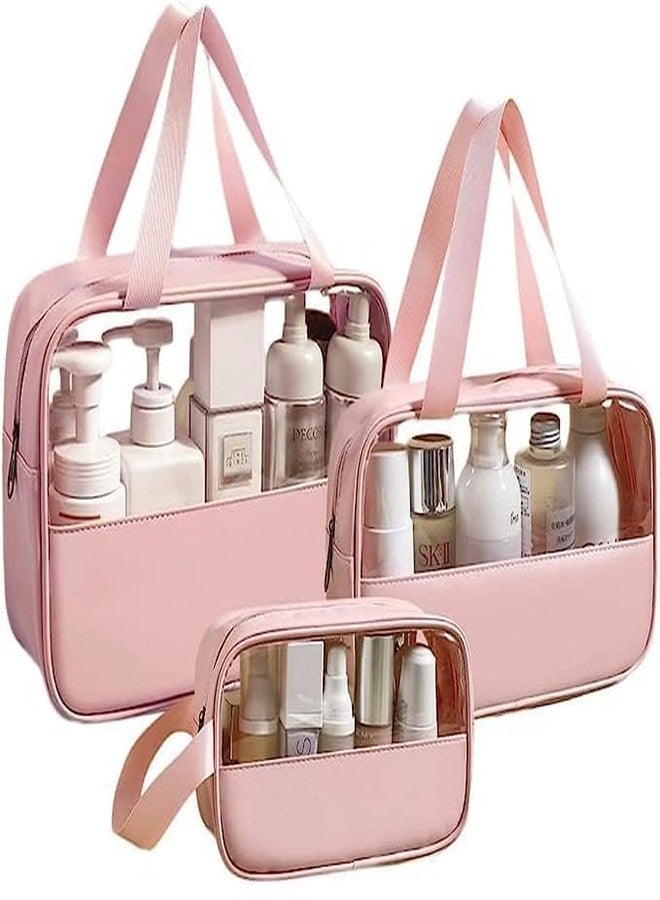 KINDRED Set of 3 Half Leather Makeup Pouch Set Cosmetic Organizer Bag for Women and Girls Travel Waterproof Toiletry Storage Kit. (H-Pink) - Image 2