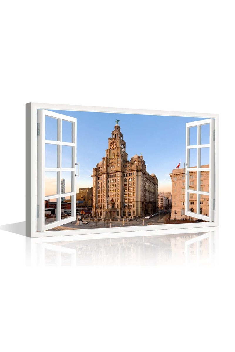 TISHIRON 3D Window View Liverpool Building Canvas Art Wall Decor The Iconic Buildings of England Wall Art Prints Decorate for Living Room Bedroom Office Posters Prints Framed Ready to Hang - 12"W x 18"H - Image 1