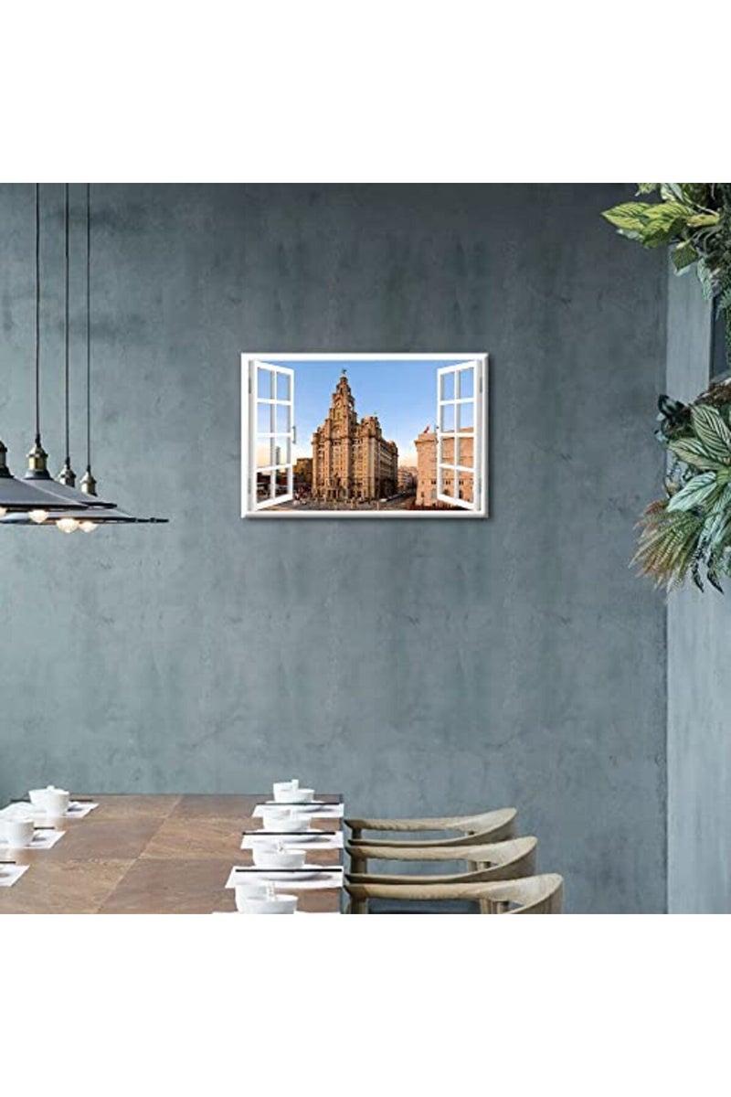 TISHIRON 3D Window View Liverpool Building Canvas Art Wall Decor The Iconic Buildings of England Wall Art Prints Decorate for Living Room Bedroom Office Posters Prints Framed Ready to Hang - 12"W x 18"H - Image 2