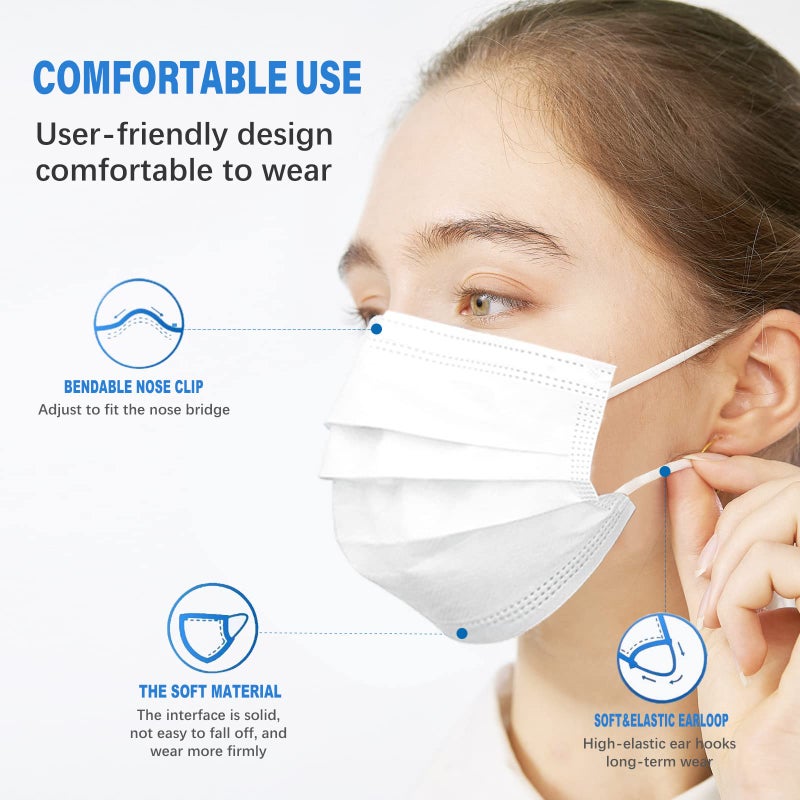 Wecolor 100 Pcs Disposable 3 Ply Earloop Face Masks, Suitable for Home, School, Office and Outdoors (White) - Image 4