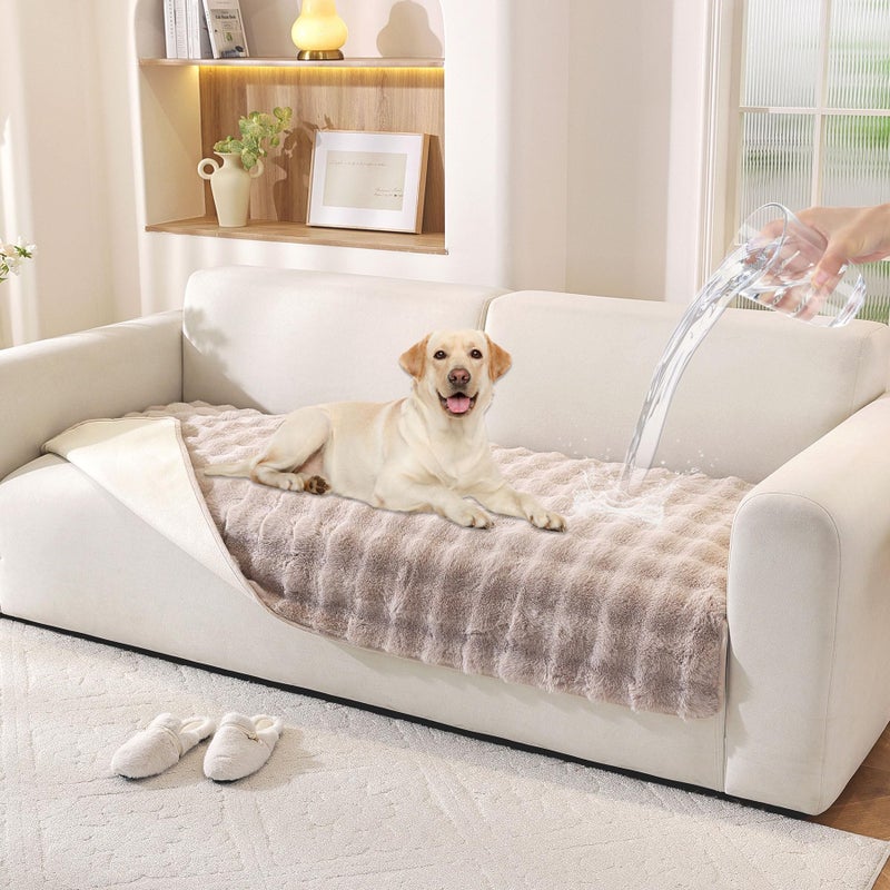 Hittun Waterproof Dog Bed Cover Non Slip Couch Covers for Dogs Washable Soft Faux Fur Sofa Cover Couch Covers for 3 Cushion Couch Sofa Pet Friendly (Khaki) - Image 1