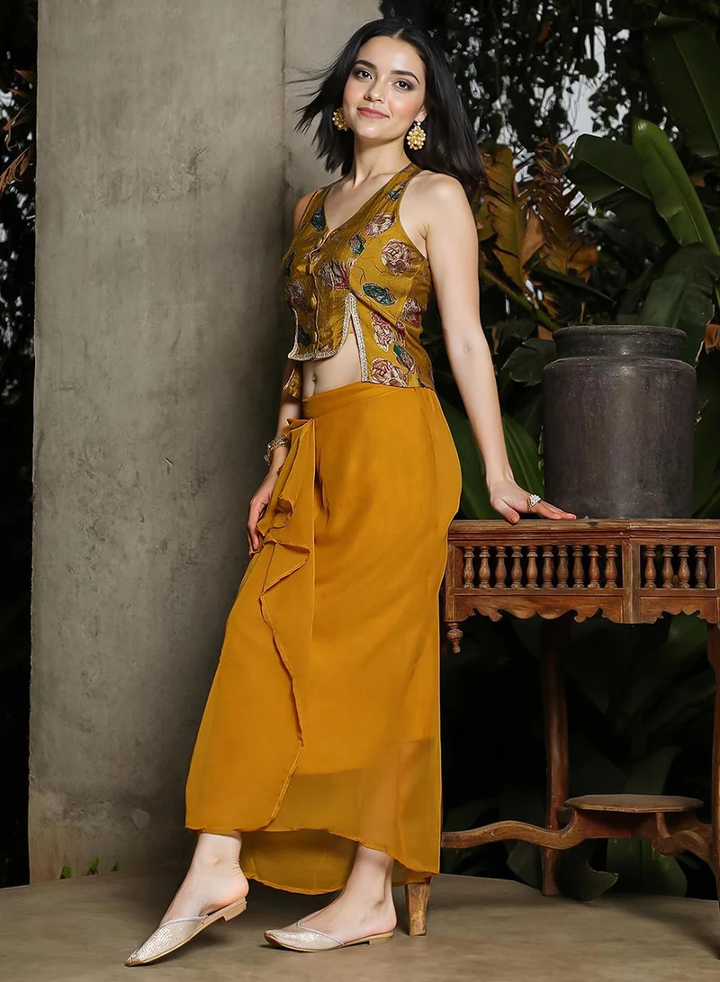 QISSA Women's Mustard Yellow Ethereal Blossom Co-Ord Set