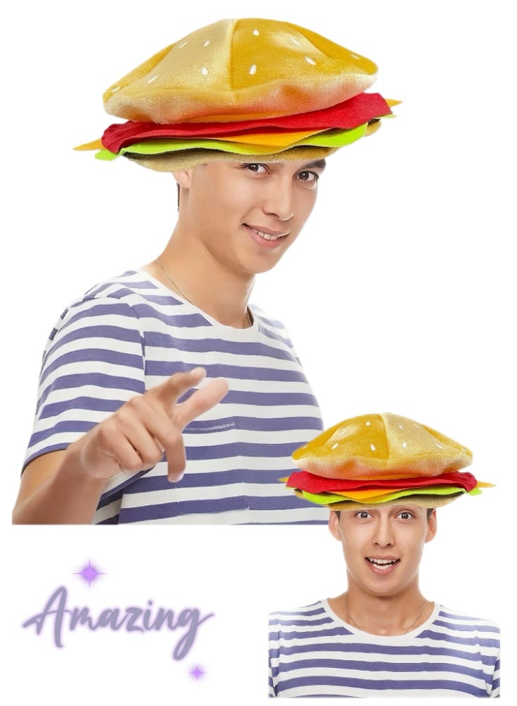 Funny Hamburger Hat, Cheeseburger Headwear Fun Fast Food Party Costume Supplies Halloween Crazy Role Play Hat Dress Up Hats for Adult Teens - Image 1