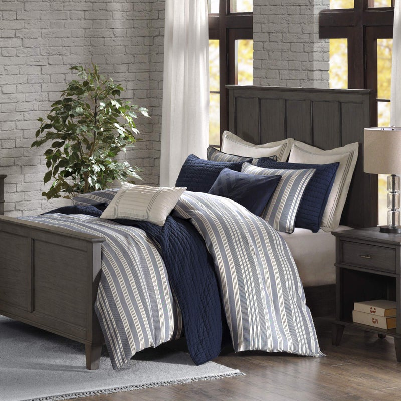 madison park Madison Park Signature Cozy Comforter Set  All Season Bedding Combo Filled Insert and Removable Duvet Cover Shams Decorative Pillows Stripe Blue King 110 in x 96 in 10 Piece 