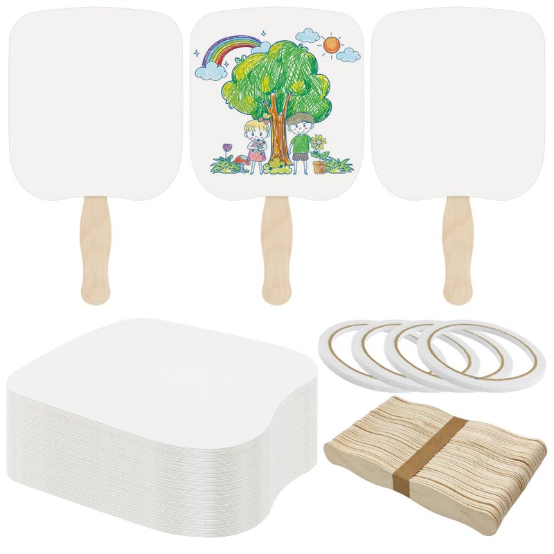 LOTMER 150 Pcs Church Fans Handheld Set, 100 Blank Cardstock Paper Fans with 50 Wavy Wooden Sticks, Paper Fan Handheld for DIY Painting Custom Fans (50 Sets) - Image 1