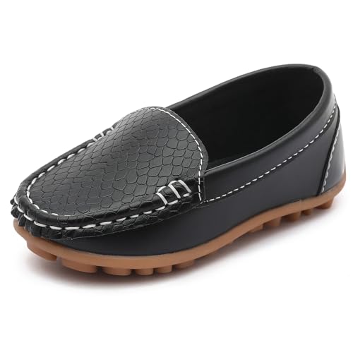 LONSOEN Toddler/Little Kid Boys Girls Soft Synthetic Leather Loafer Slip-On Boat-Dress Shoes/Sneakers,Black,SHF103 CN23 - Image 1