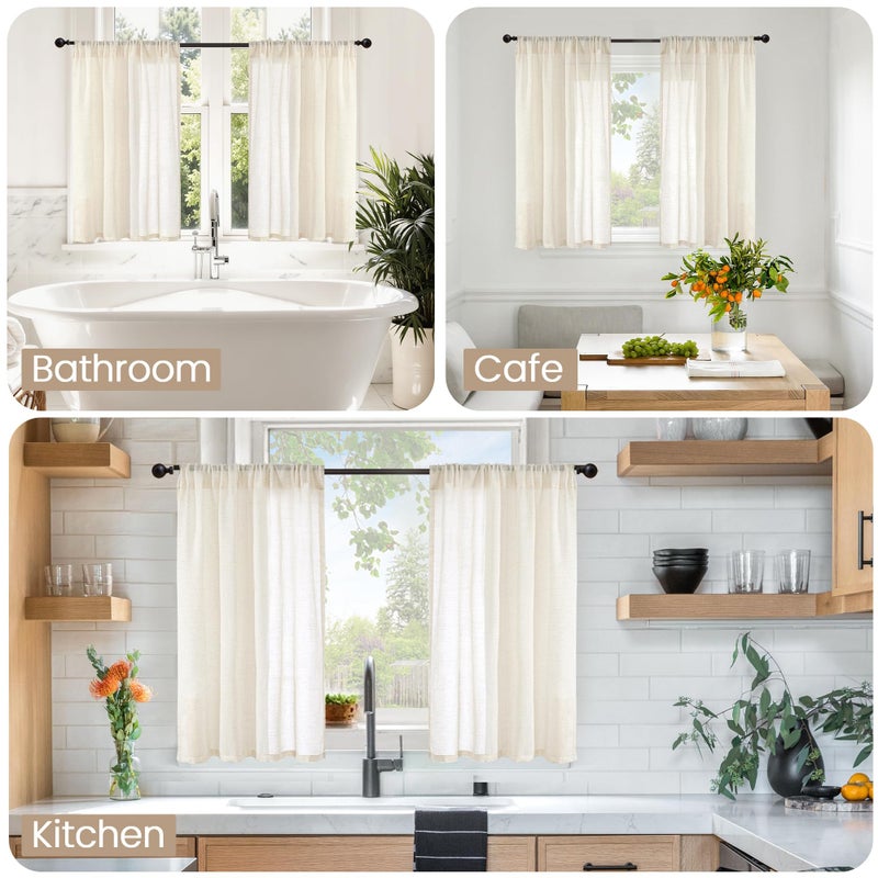 BGment Beige Linen Curtains 40 Inch Length for Short Window - Small Semi Sheer Drapes with Rod Pocket for Cafe Kitchen Bedroom Light Filtering Cream Curtain, 2 Panels, Each Panel 30 Inch Wide - Image 2