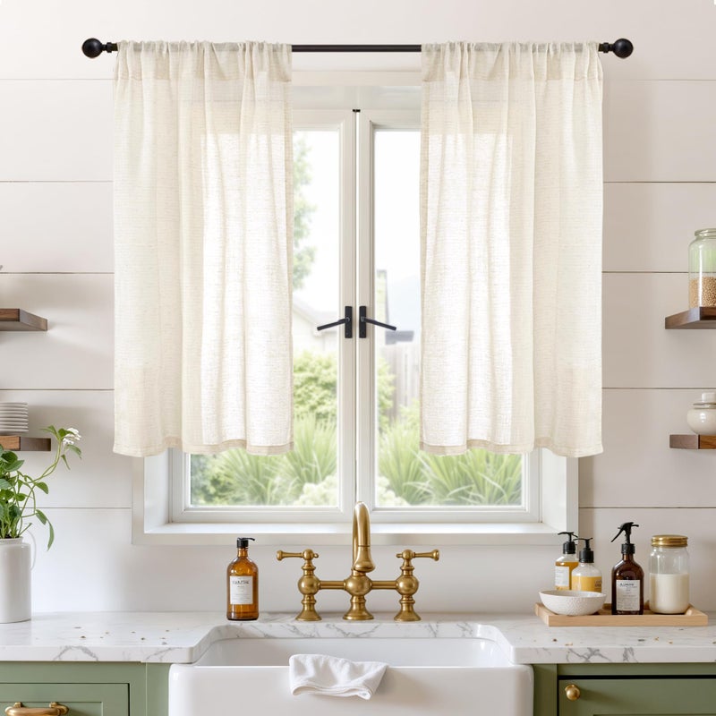 BGment Beige Linen Curtains 40 Inch Length for Short Window - Small Semi Sheer Drapes with Rod Pocket for Cafe Kitchen Bedroom Light Filtering Cream Curtain, 2 Panels, Each Panel 30 Inch Wide - Image 1