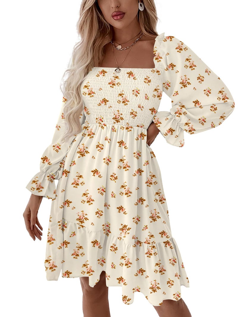 LYANER Women's Square Neck Lantern Long Sleeve Ruffle Shirred Flowy Party Mini Dress Champagne Floral Print Small - Image 1
