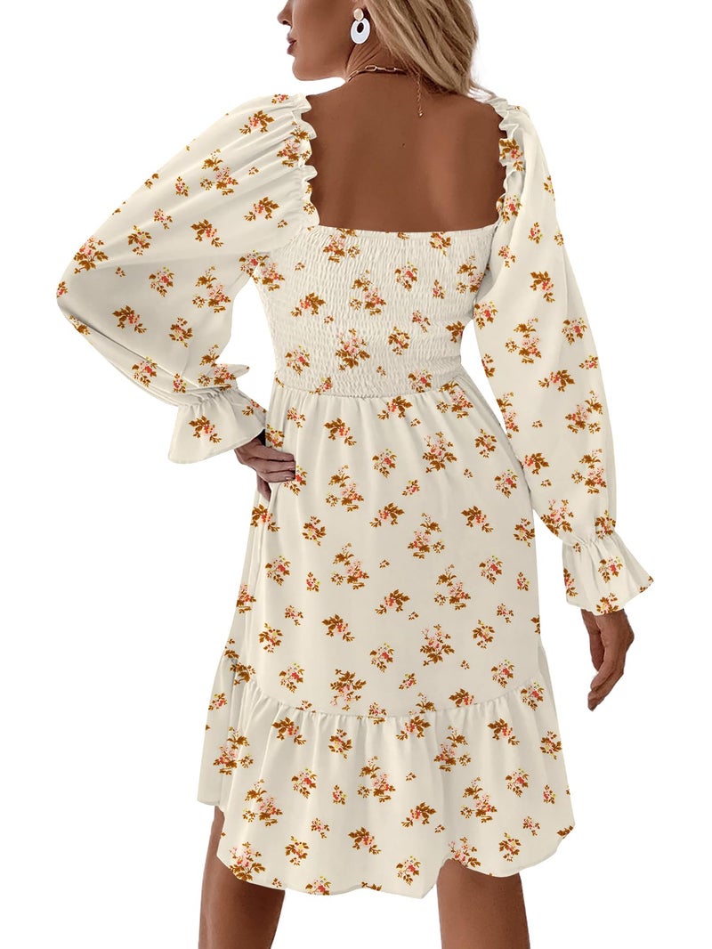 LYANER Women's Square Neck Lantern Long Sleeve Ruffle Shirred Flowy Party Mini Dress Champagne Floral Print Small - Image 2