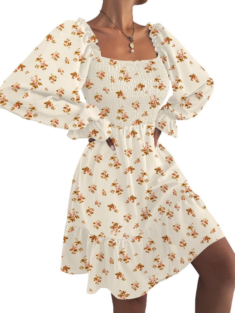 LYANER Women's Square Neck Lantern Long Sleeve Ruffle Shirred Flowy Party Mini Dress Champagne Floral Print Small - Image 3