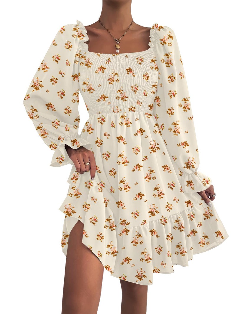 LYANER Women's Square Neck Lantern Long Sleeve Ruffle Shirred Flowy Party Mini Dress Champagne Floral Print Small - Image 4