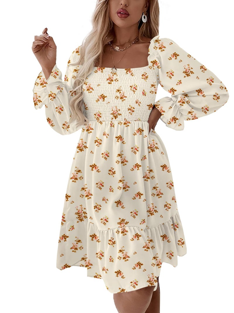 LYANER Women's Square Neck Lantern Long Sleeve Ruffle Shirred Flowy Party Mini Dress Champagne Floral Print Small - Image 5