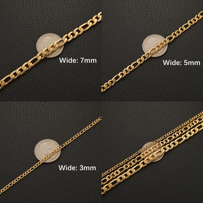 HZMAN Men Women 24k Real Gold Plated Figaro Chain Stainless Steel Necklace, Wide 3mm 5mm 7mm 9mm (16inches) - Image 2