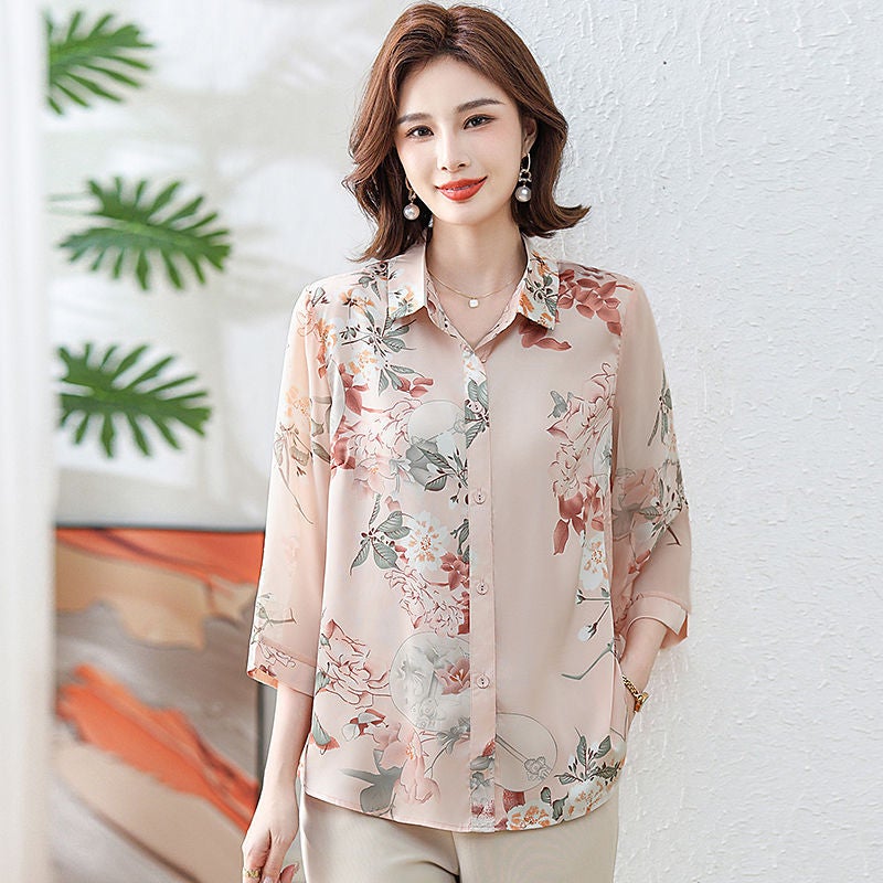 Mom spring and autumn 2024 New elegant belly-covering printed shirt Western style age-reducing middle-aged and elderly fashion cardigan top - Image 1