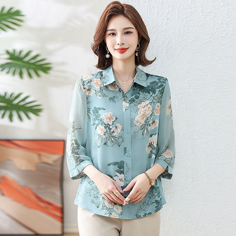Mom spring and autumn 2024 New elegant belly-covering printed shirt Western style age-reducing middle-aged and elderly fashion cardigan top - Image 3