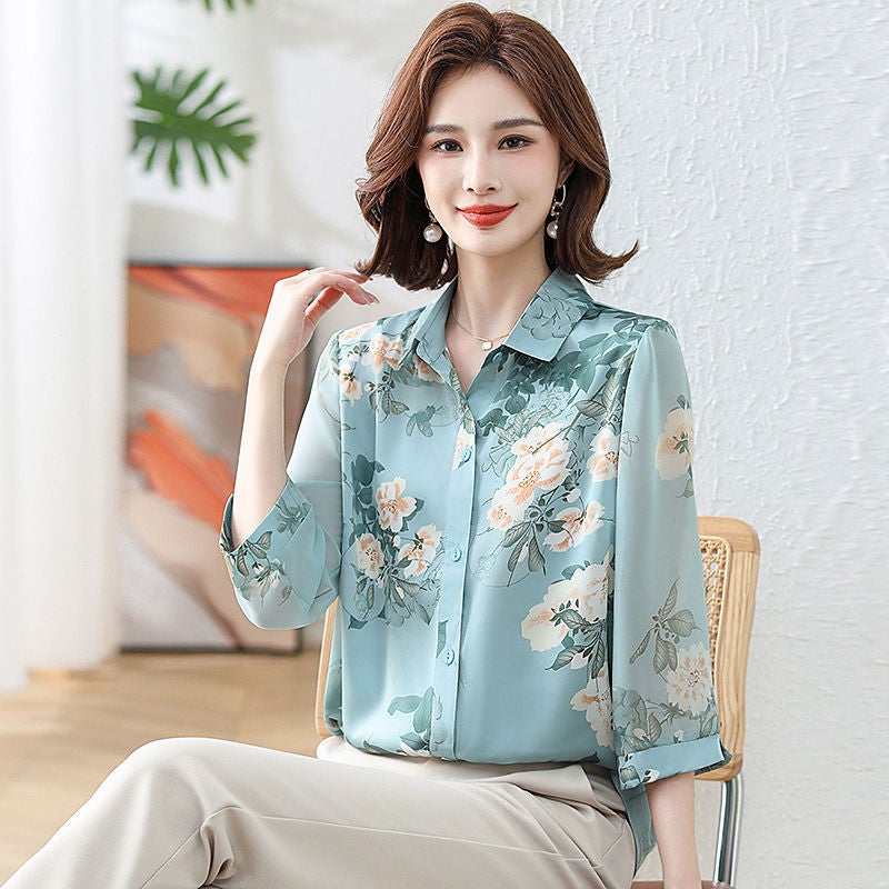 Mom spring and autumn 2024 New elegant belly-covering printed shirt Western style age-reducing middle-aged and elderly fashion cardigan top - Image 5