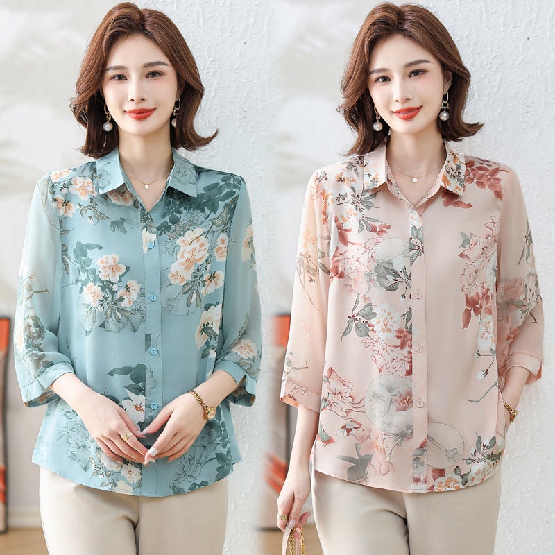 Mom spring and autumn 2024 New elegant belly-covering printed shirt Western style age-reducing middle-aged and elderly fashion cardigan top - Image 2
