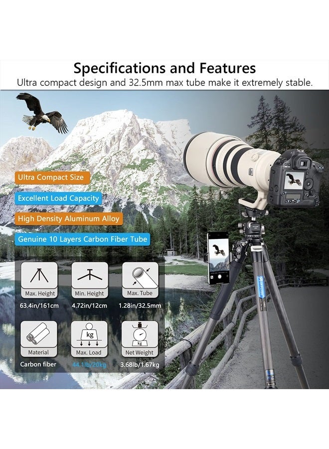 ARTCISE Carbon Fiber Camera Tripod Travel Tripod ARTCISE Heavy Duty Camera Tripod Professional Travel Tripod Without Ballhead Tripod Monopod for DSLR Camera, Video Camcorder, Max Load 44lb/20kg - Image 2