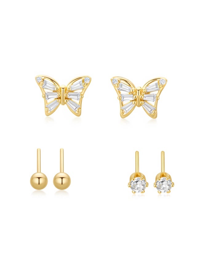 MTZ 3 Pairs Cubic Zirconia Stud Earrings Set for Women, Hypoallergenic Gold Plated Crystal Earrings, Dainty CZ Diamond Studs in Various Sizes, Sensitive Ear Friendly Jewelry Gift Box - Image 1