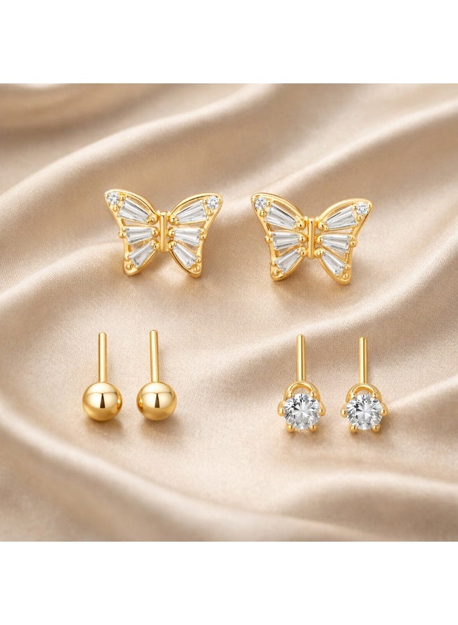 MTZ 3 Pairs Cubic Zirconia Stud Earrings Set for Women, Hypoallergenic Gold Plated Crystal Earrings, Dainty CZ Diamond Studs in Various Sizes, Sensitive Ear Friendly Jewelry Gift Box - Image 3