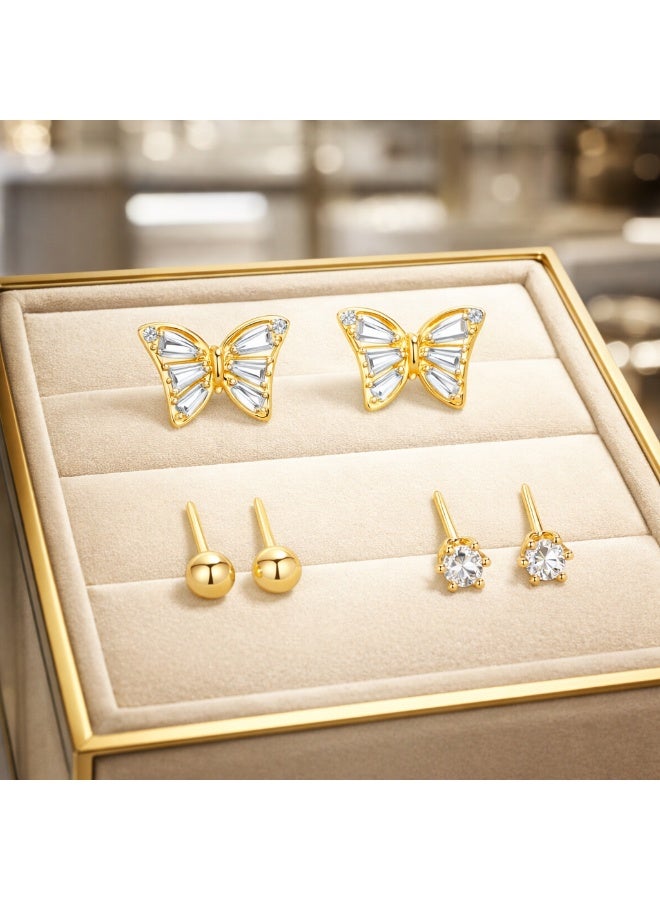 MTZ 3 Pairs Cubic Zirconia Stud Earrings Set for Women, Hypoallergenic Gold Plated Crystal Earrings, Dainty CZ Diamond Studs in Various Sizes, Sensitive Ear Friendly Jewelry Gift Box - Image 2