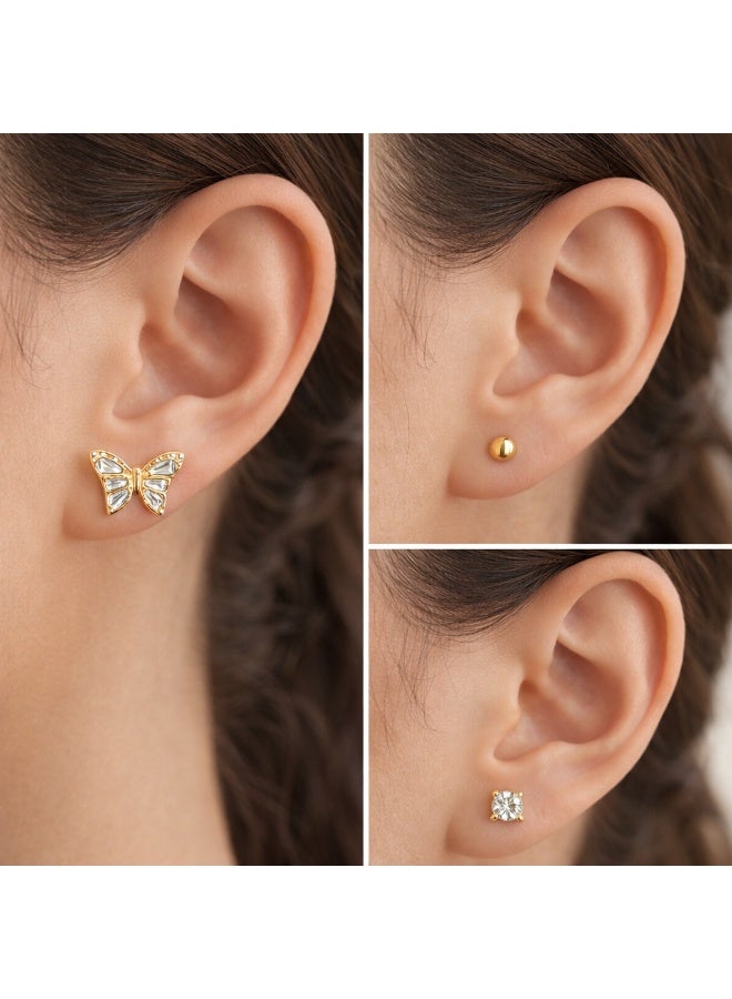 MTZ 3 Pairs Cubic Zirconia Stud Earrings Set for Women, Hypoallergenic Gold Plated Crystal Earrings, Dainty CZ Diamond Studs in Various Sizes, Sensitive Ear Friendly Jewelry Gift Box - Image 4