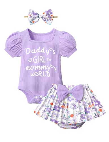 KANGKANG Baby Girl Outfits 36 Month Girl Clothes Purple Shortsleeve Romper Floral Pleated Skirts Shorts Cute Baby Girl Clothes 36 Months Summer Outfit - Image 1