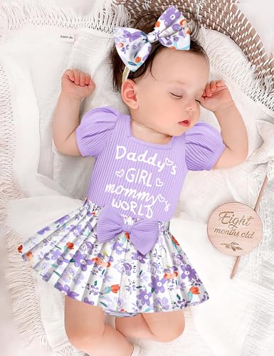KANGKANG Baby Girl Outfits 36 Month Girl Clothes Purple Shortsleeve Romper Floral Pleated Skirts Shorts Cute Baby Girl Clothes 36 Months Summer Outfit - Image 3