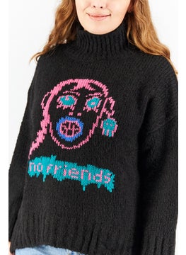 DIESEL Women Mock Neck Long Sleeve Embroidered Sweater, Black  - Image 3