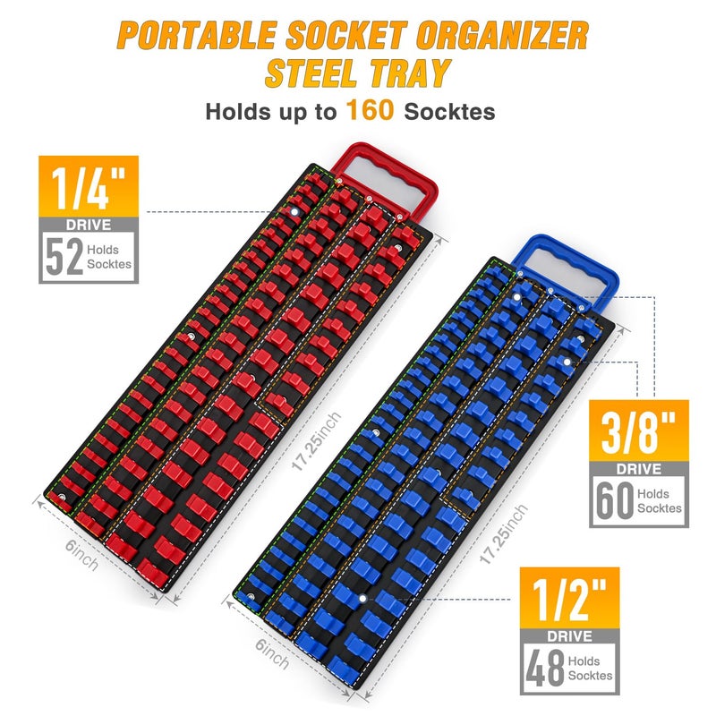 GOOACC Socket Organizer Tray 1/4 inch 3/8 inch 1/2 inch Socket Holder Portable Socket Rail Organizer Trays for Tool Box Drawer, 2Pcs Set Socket Tray Holds 160-Piece SAE Metric Socket, Blue & Red - Image 2