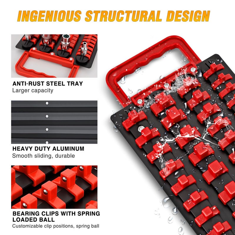 GOOACC Socket Organizer Tray 1/4 inch 3/8 inch 1/2 inch Socket Holder Portable Socket Rail Organizer Trays for Tool Box Drawer, 2Pcs Set Socket Tray Holds 160-Piece SAE Metric Socket, Blue & Red - Image 3